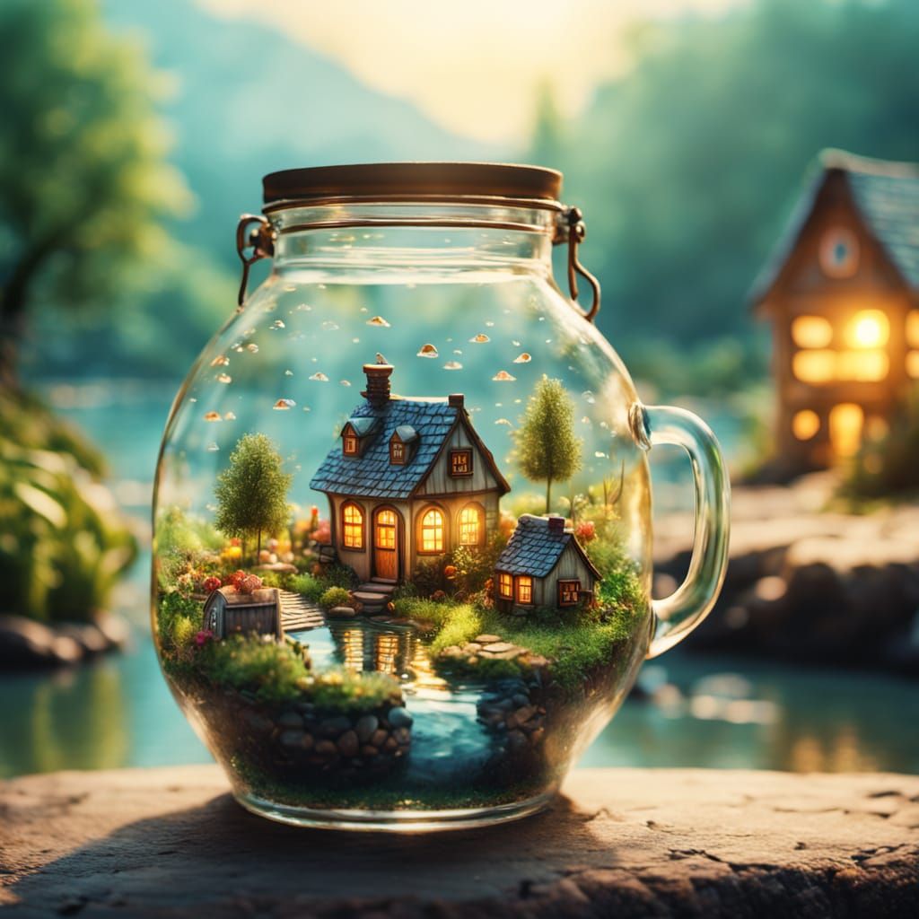 Miniature Village in Glass Jug: Whimsical Fantasy Art