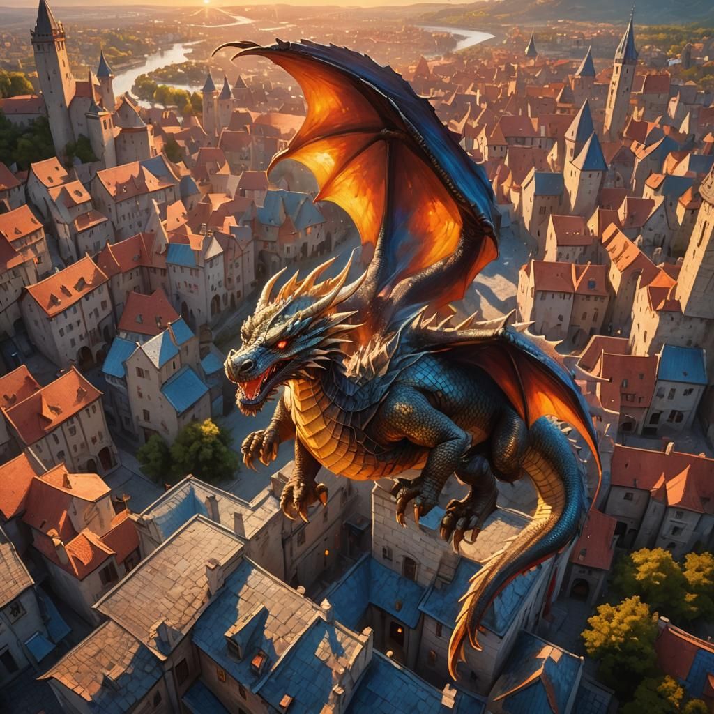 Dragon Soaring Over Medieval City at Sunset: Oil Painting