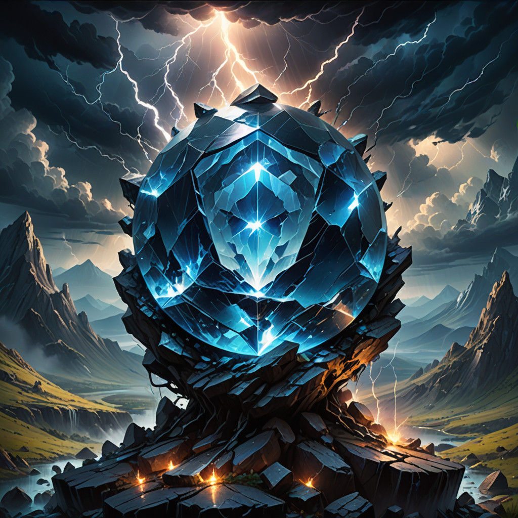 Electric Blue Gem Shatters in a Stormy Epic Fantasy Scene