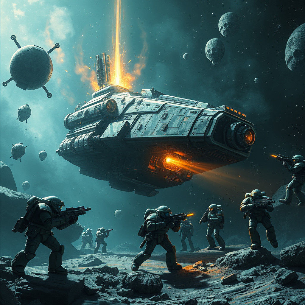 Space Marines Cull Ork Spaceship: Cosmic Illustration