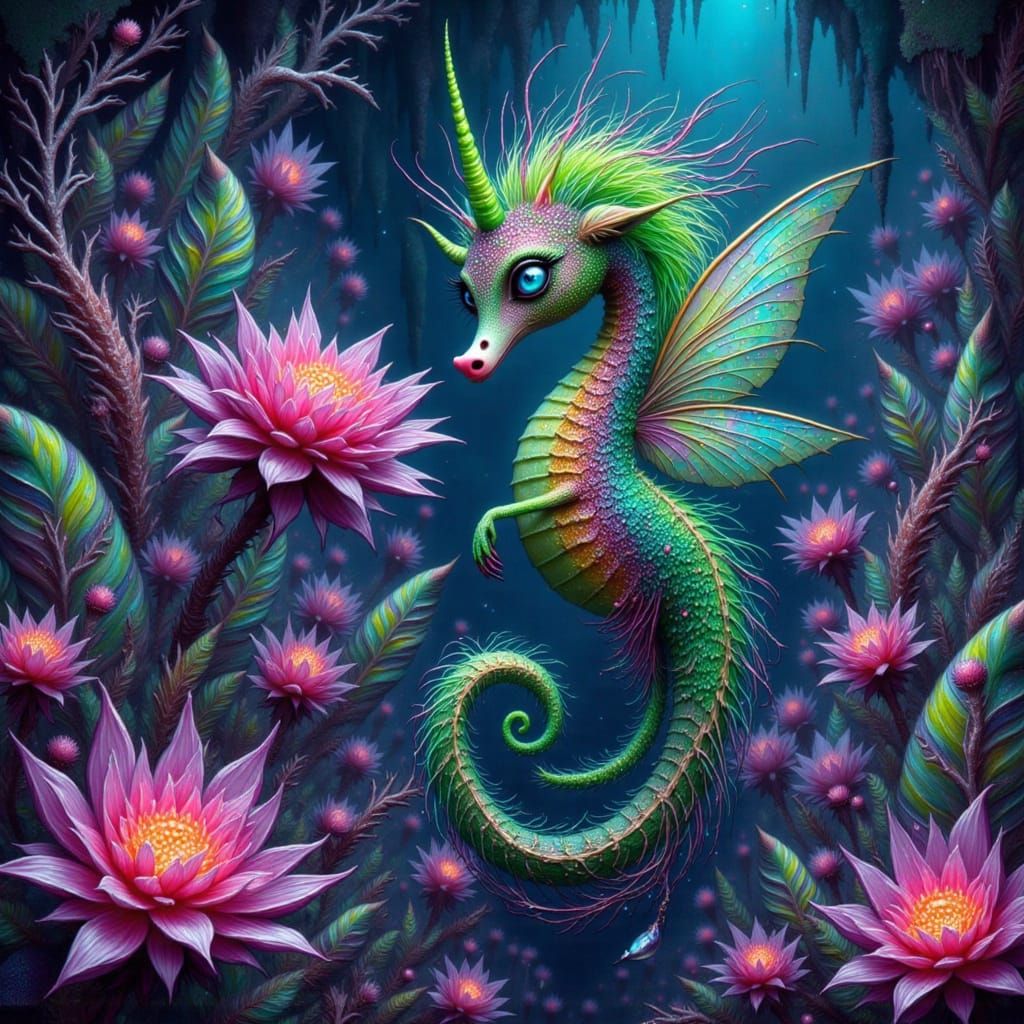 Iridescent Seahorse with Wings in Crystal Cave