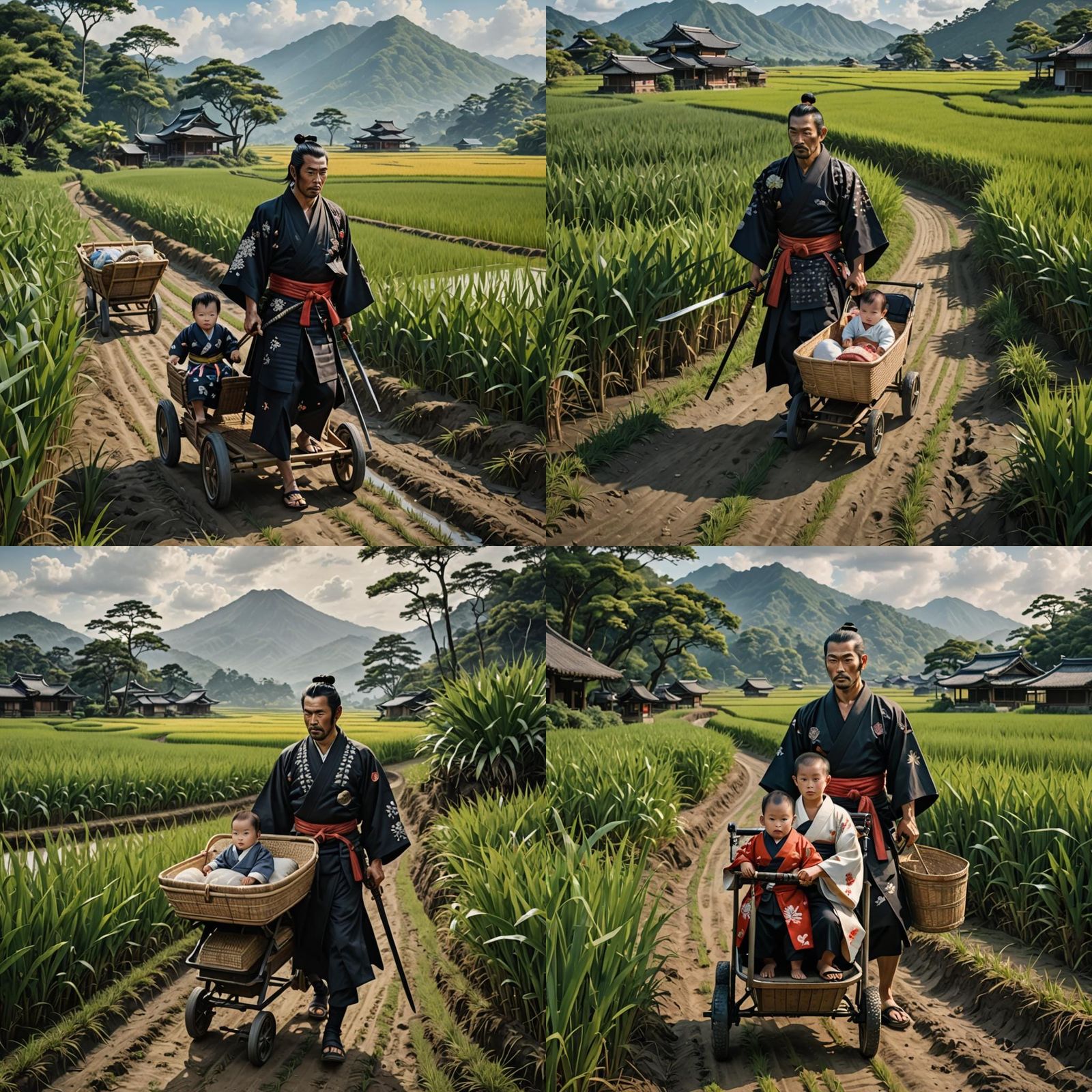 Samurai in Kimono Pushing Baby Cart in Rice Field