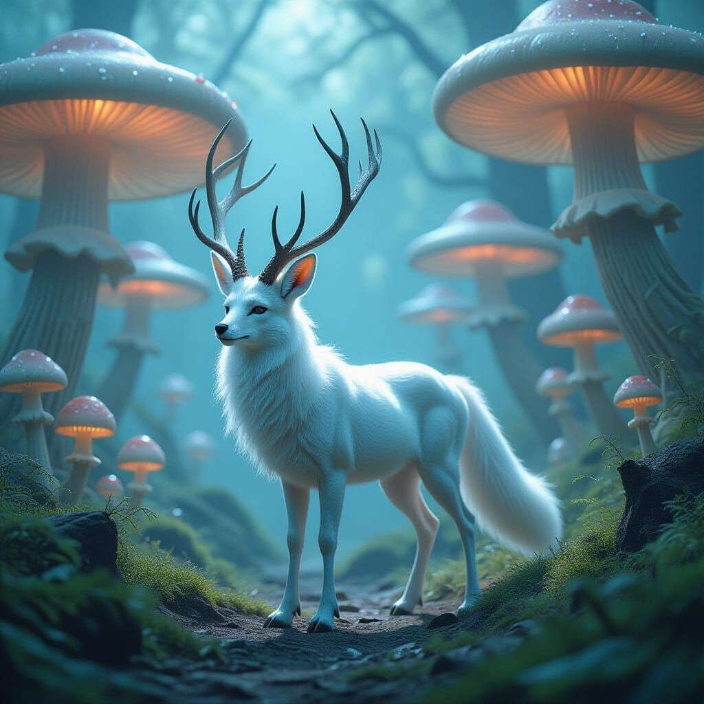 Mythical Deer-Fox Creature Among Crystal Mushrooms