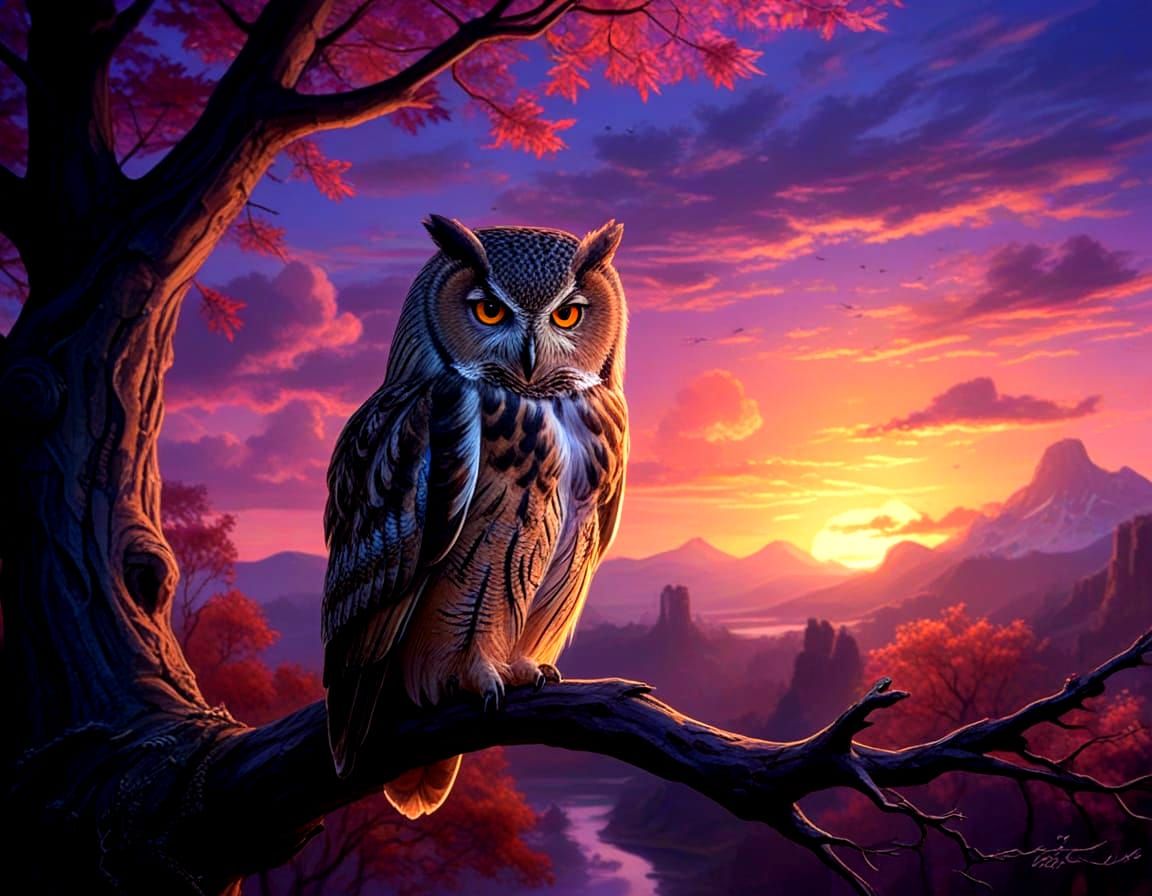 Majestic Owl in Surreal Autumn Sunset