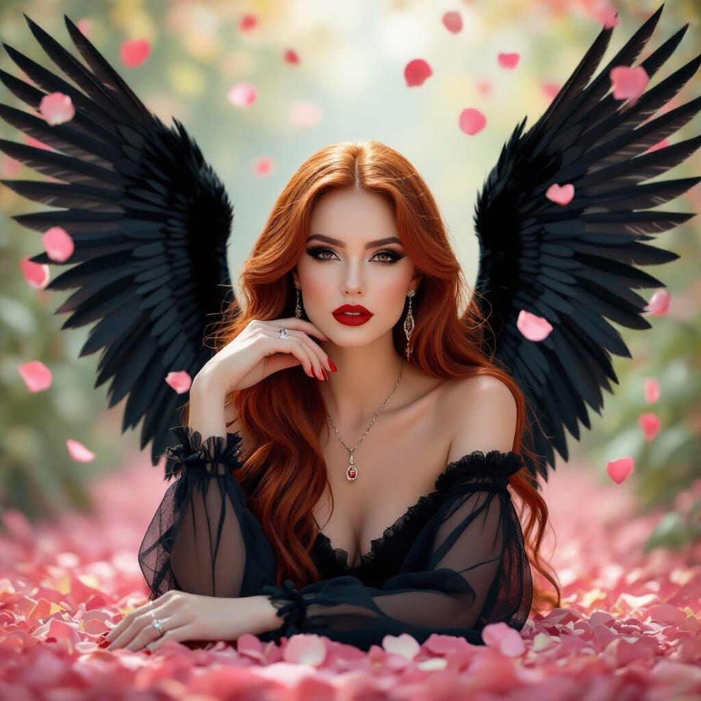 Goddess with Red Hair and Black Wings in Film Style