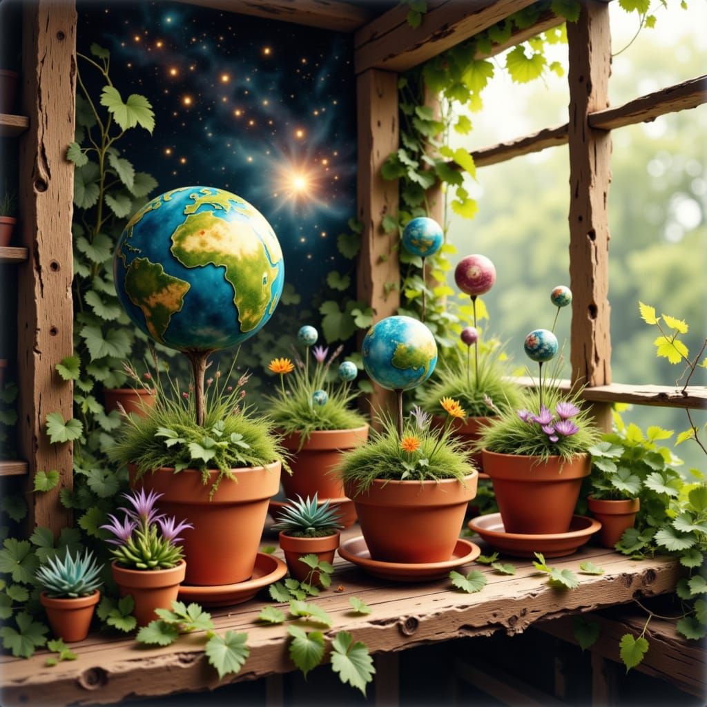 Tiny Potted Planets on Wooden Shelf