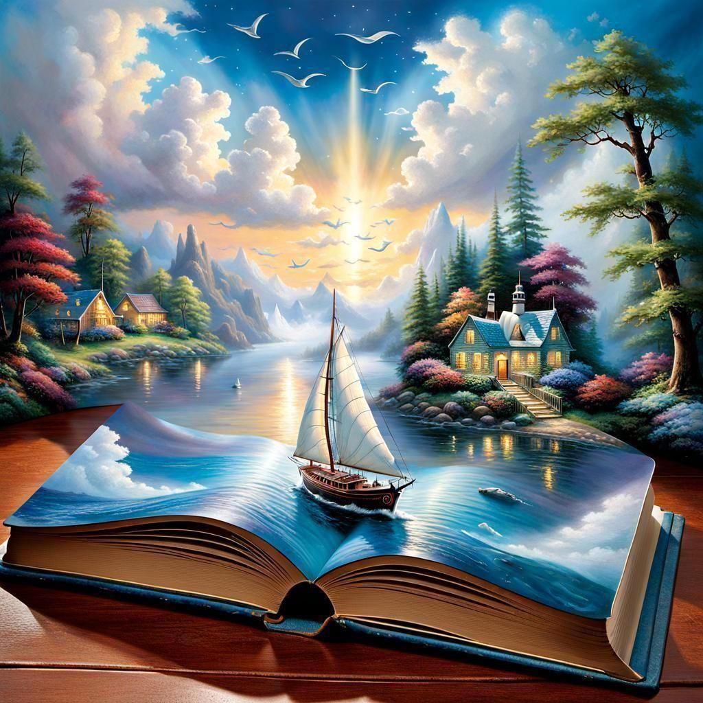 Sailboat Emerges from Book in Ethereal Style