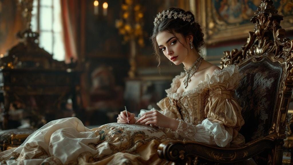 Noble Woman Embroidering in Lavish Room, in Hyperrealism