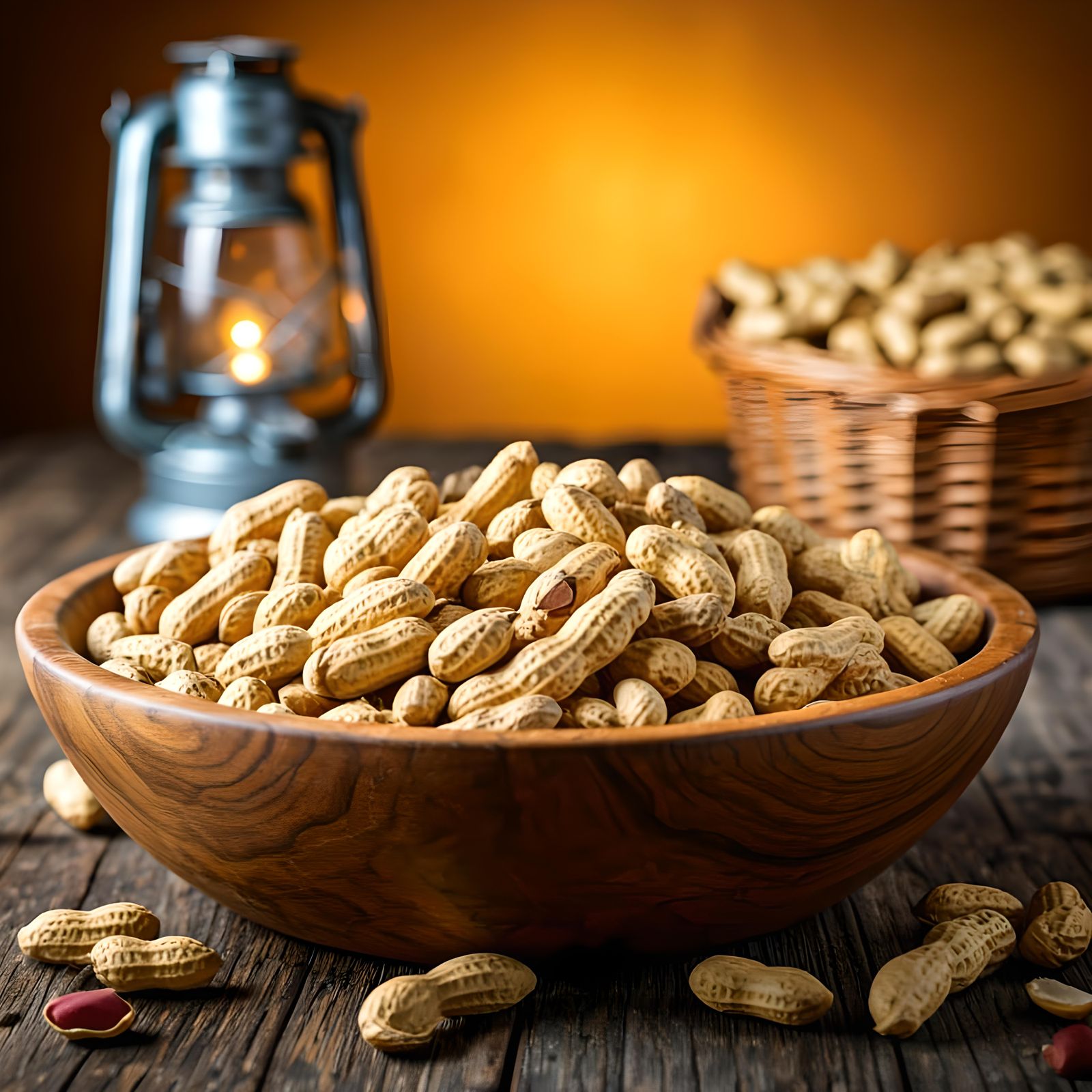 Rustic Wooden Bowl Overflowing with Boiled Peanuts