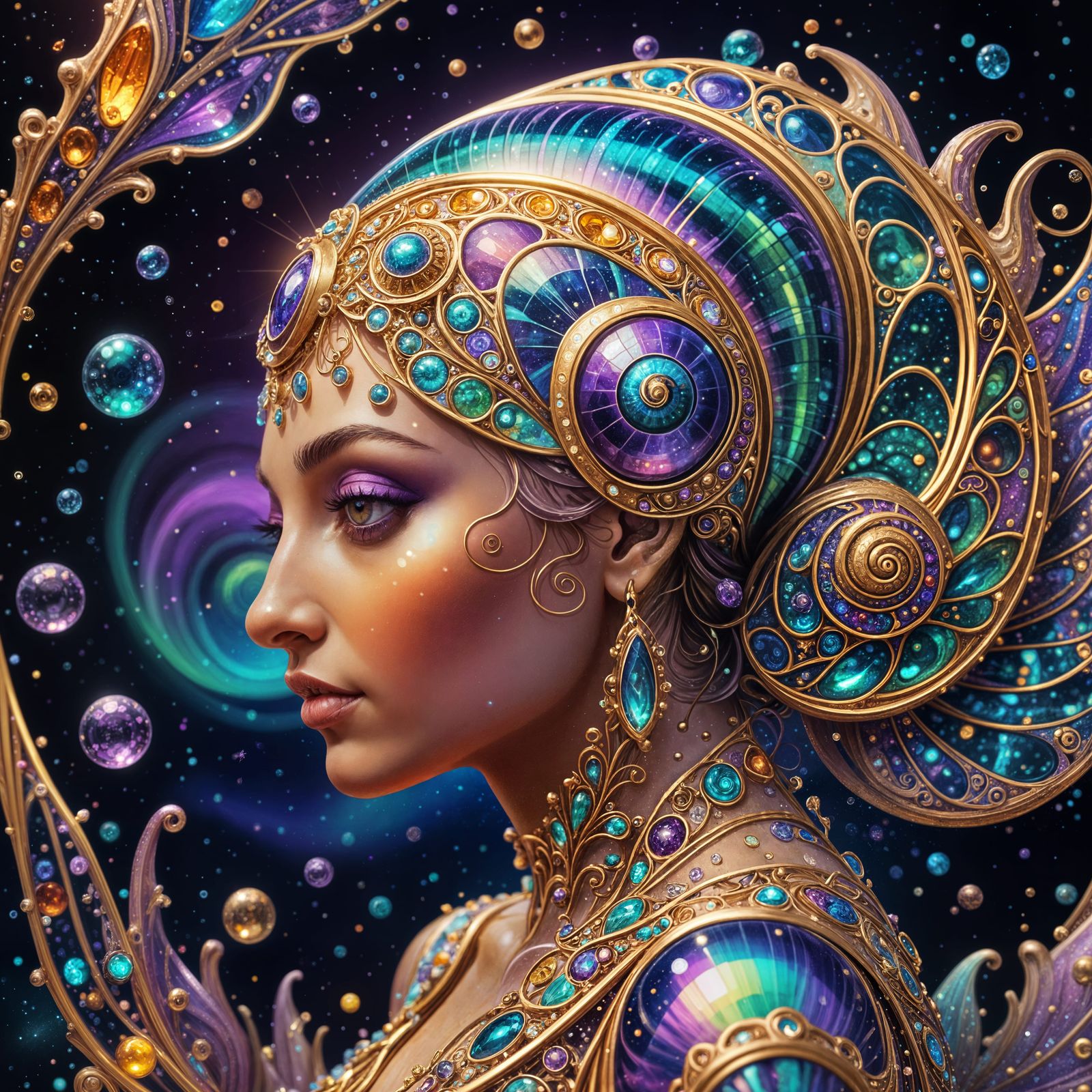 Ethereal Cosmic Snail in Jewel-Toned Opulence