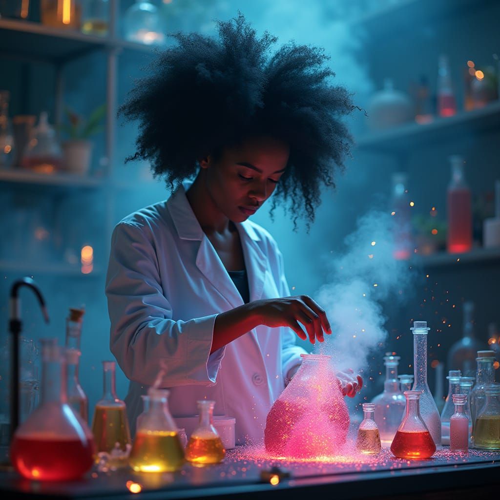 Ethereal Afro Scientist in Mystical Lab