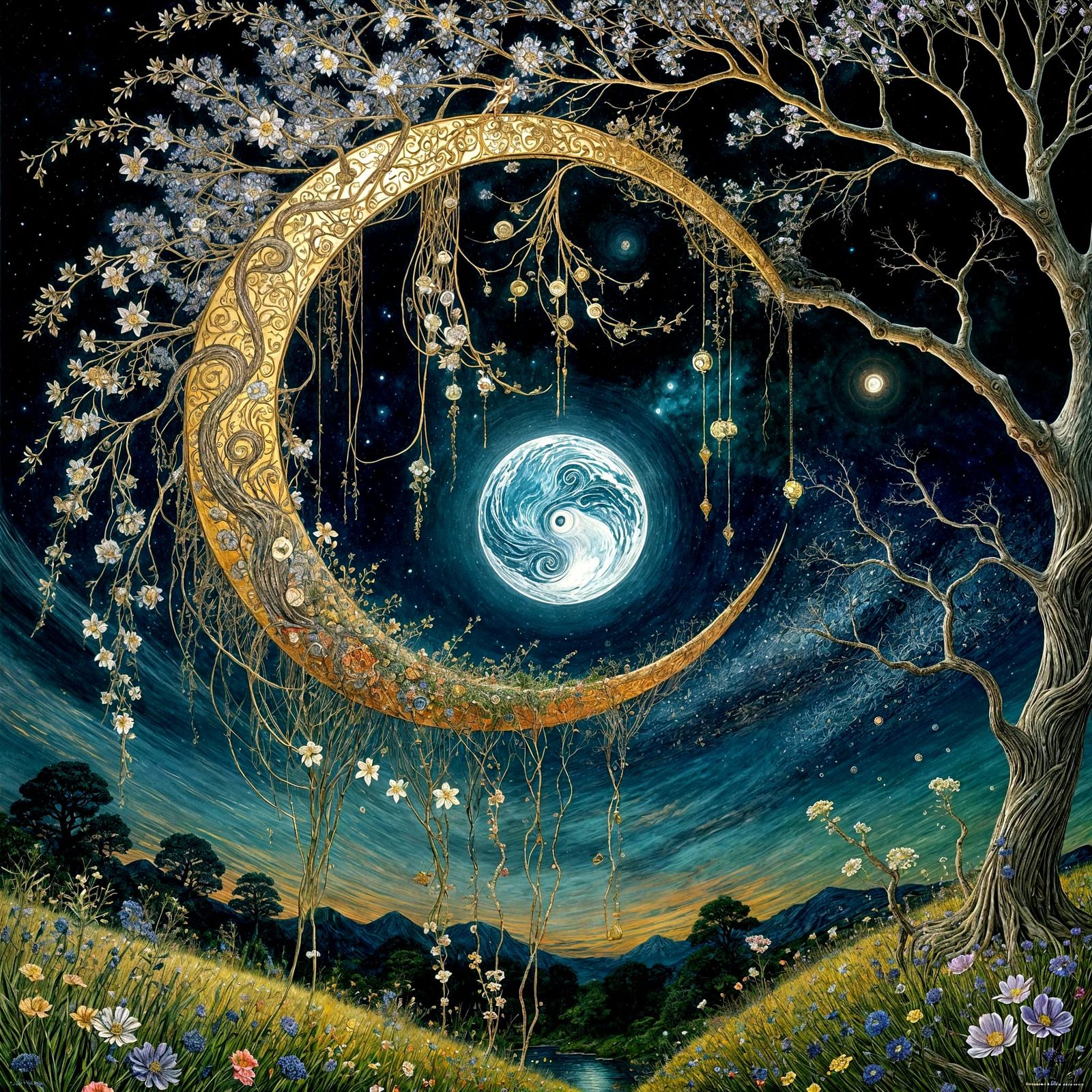 Glorious Crescent Moon Over Weeping Willow in Whimsical, Hig...