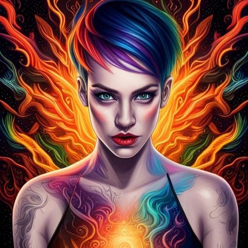 Ghostly Punk Woman Surrounded by Rainbow Flames