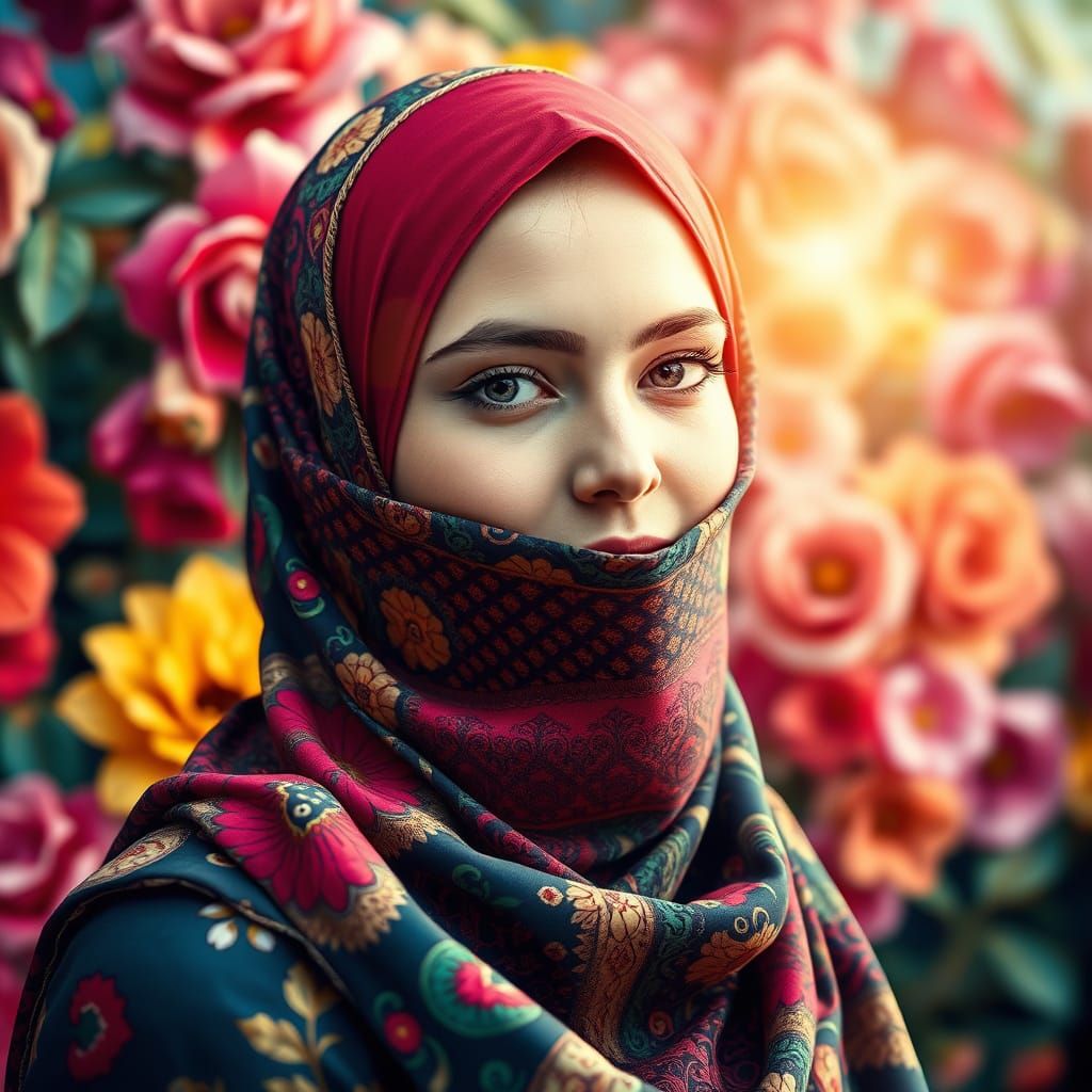 Russian Hijabi in Vibrant Floral Backdrop