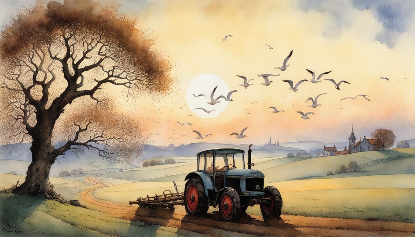 Farmer Plowing Field with Seagulls in Rococo Style