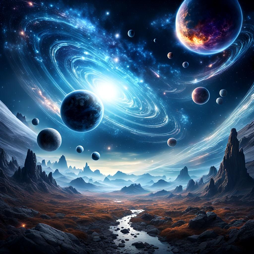 Hyperrealistic Galaxy and Planets in Magic Sky
