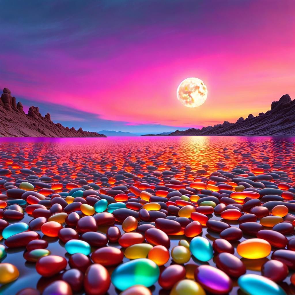 Giant Chrome Jelly Beans in Twilight Sky