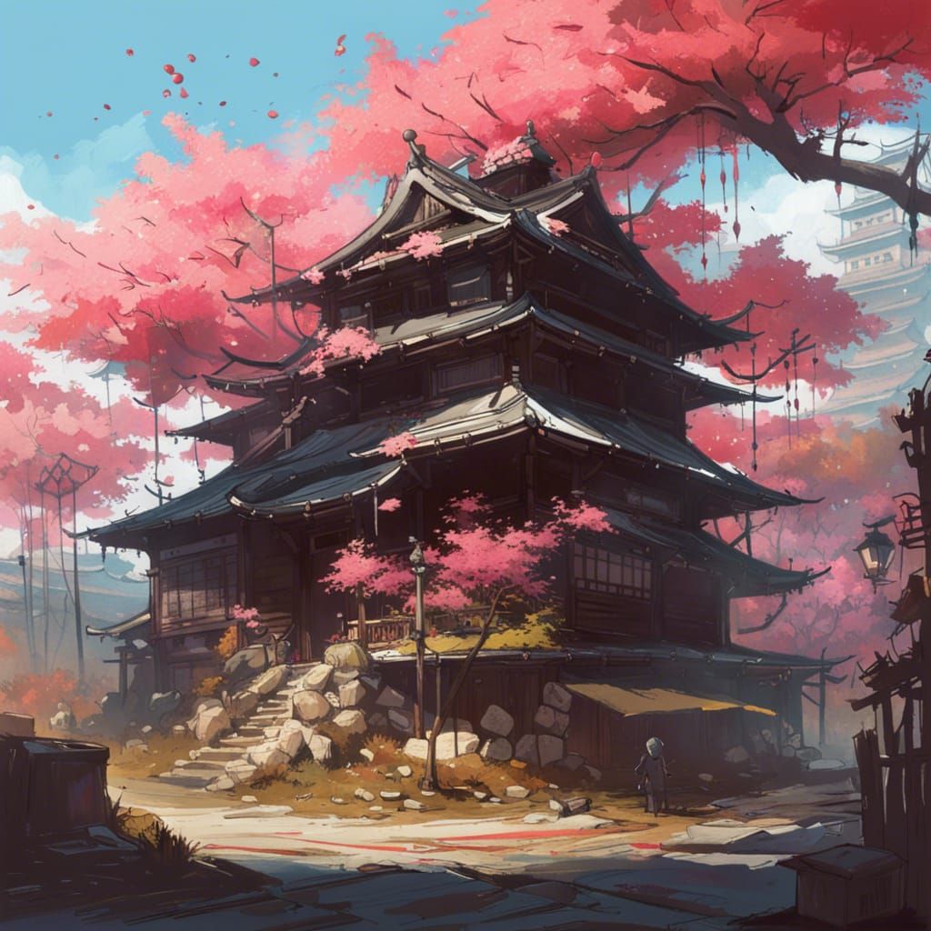 Japanese Landscape with Cherry Trees and Pagodas