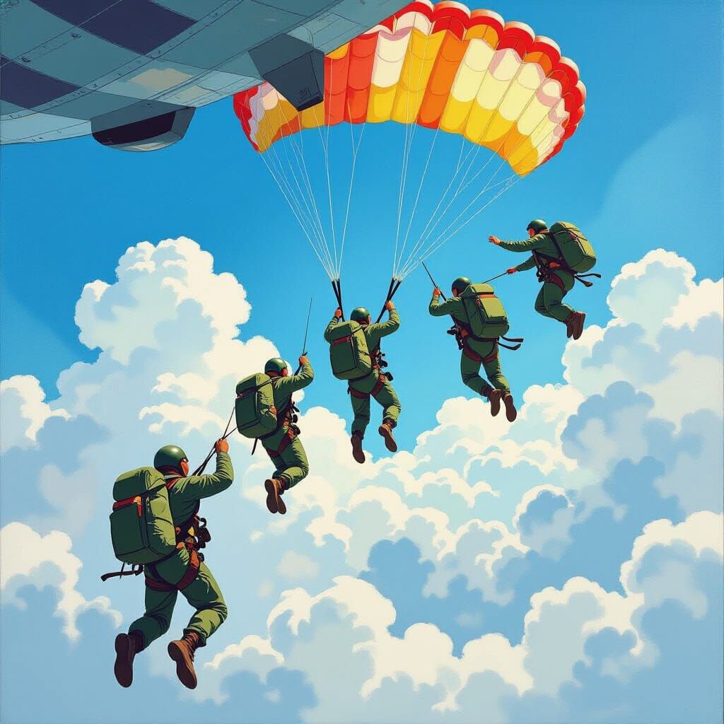 Parachutists Leap from Plane in Gouache Painting Style