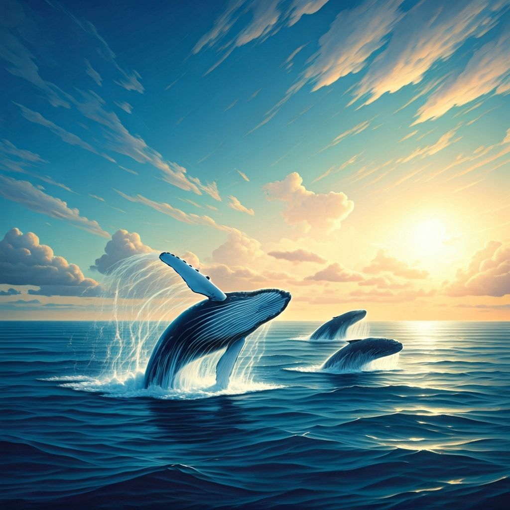 Majestic Whales Breaching in Sun-Drenched Ocean