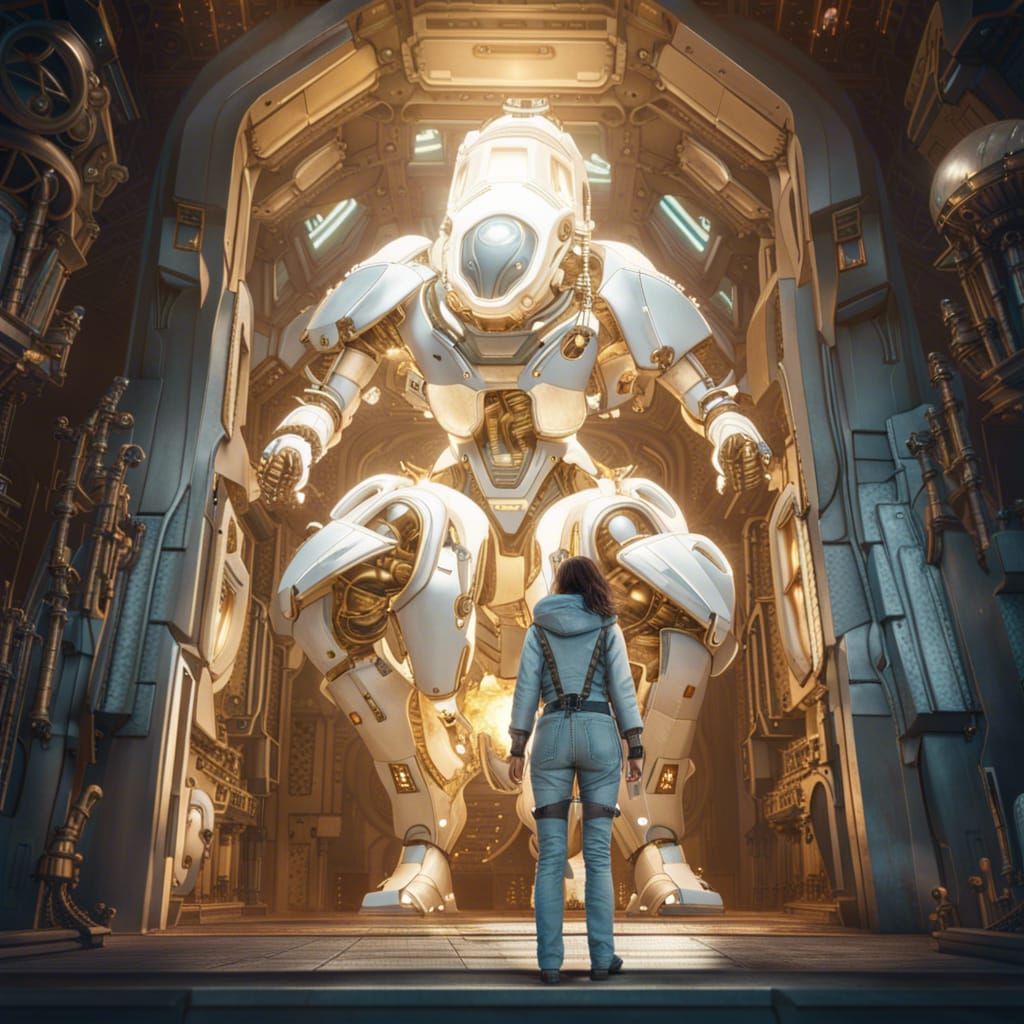 Woman Enters Gold Mech Suit, Cinematic Digital Painting