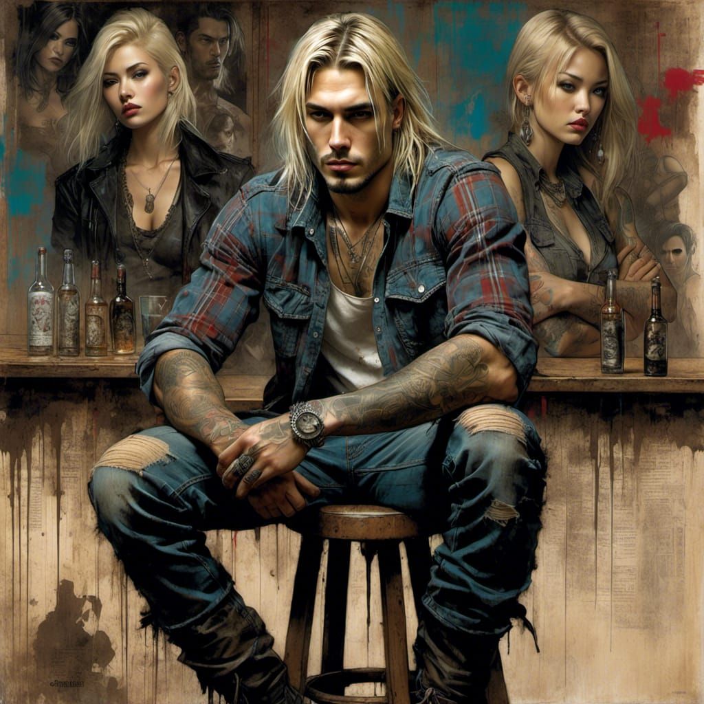 Pensive Grunge Portrait of Man in Plaid Shirt