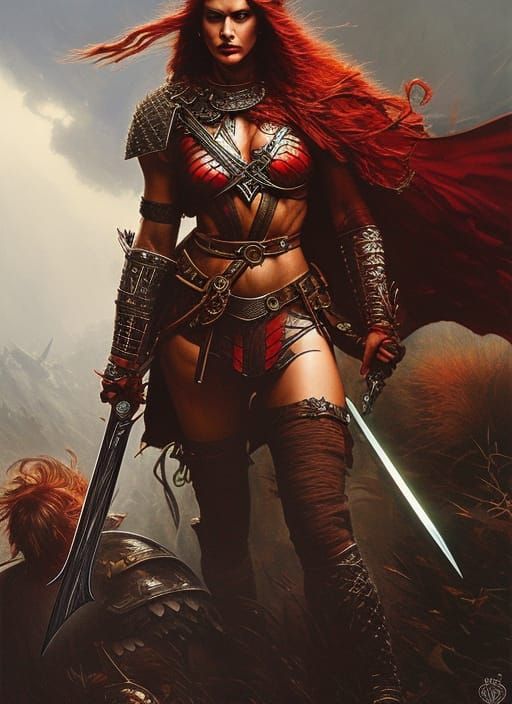 Red Sonja Ink Painting in Hyperrealistic Style