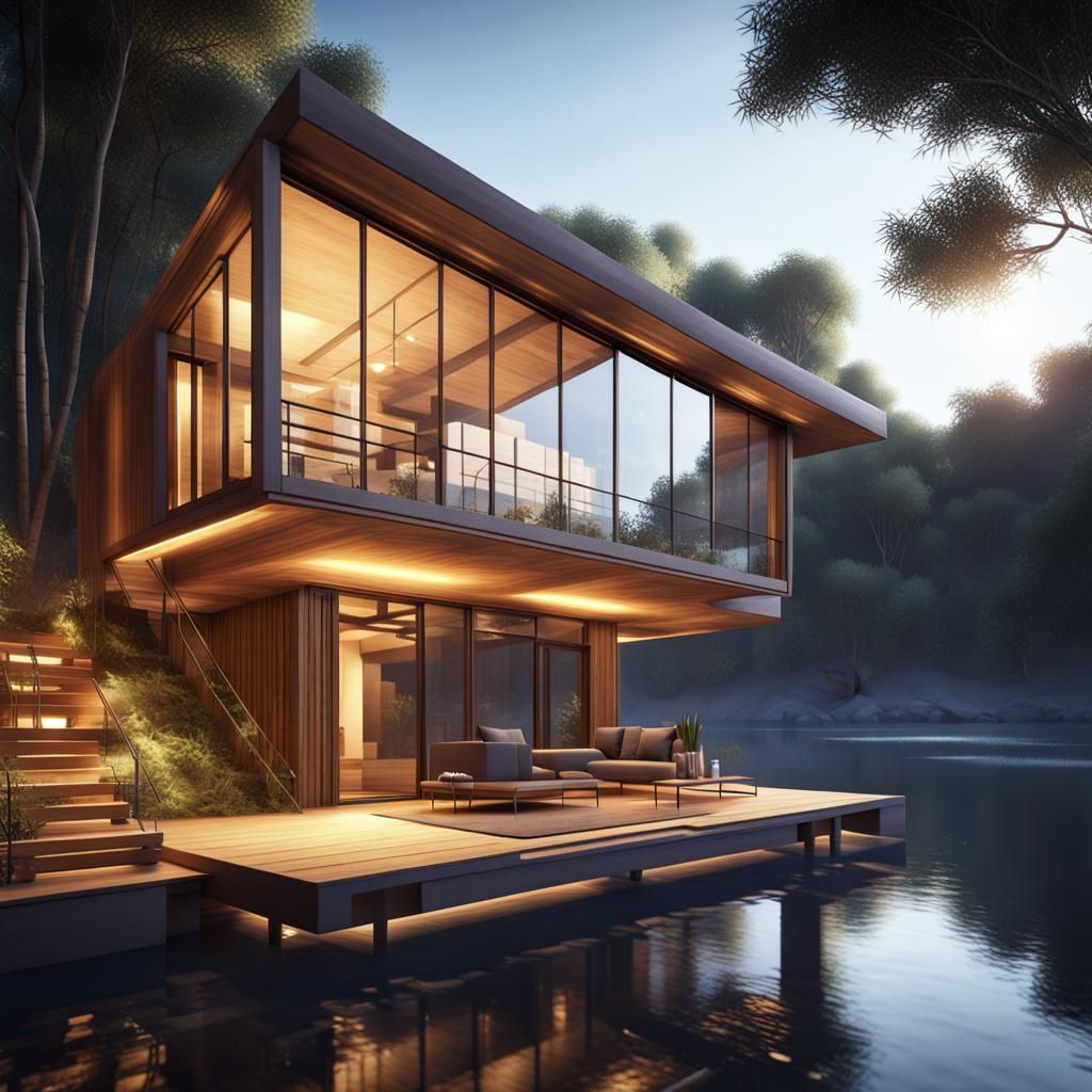 Futuristic Glass and Bamboo River Cottage at Night