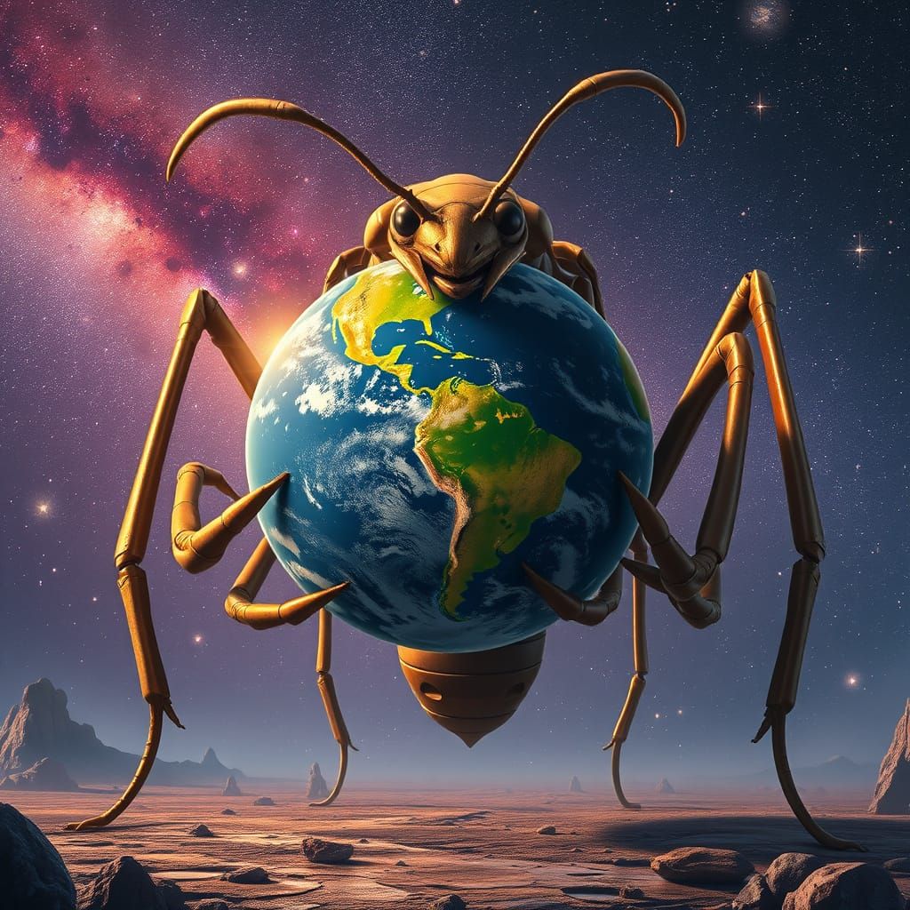 Monumental Ant Holds Earth in Dystopian Realism