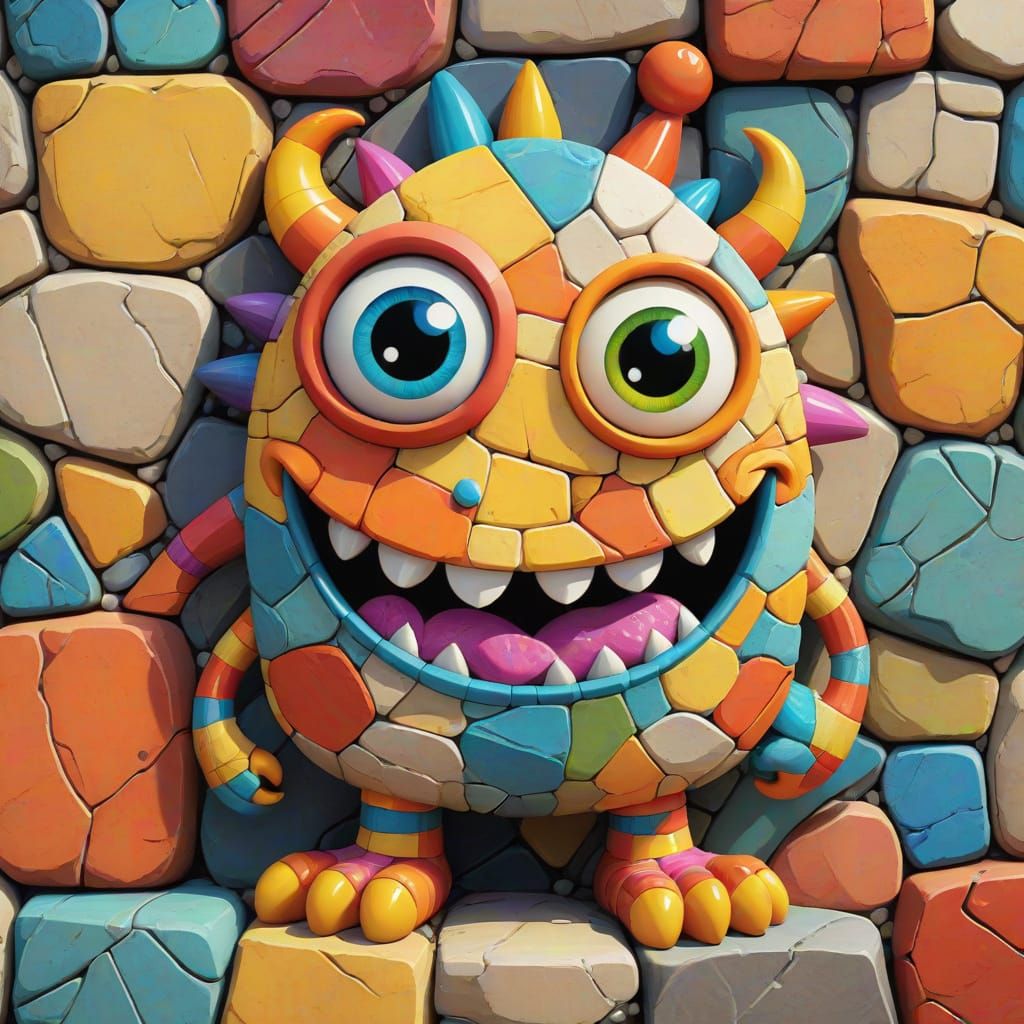 Vibrant Cartoon Monster Made from Colorful Stone Pieces