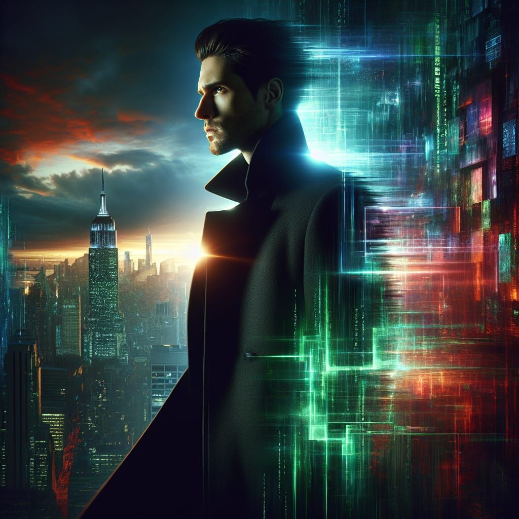 Neo from "The Matrix Resurrections," portrayed in hyper-realistic detail, with flawless anatomy and intricate costume de...