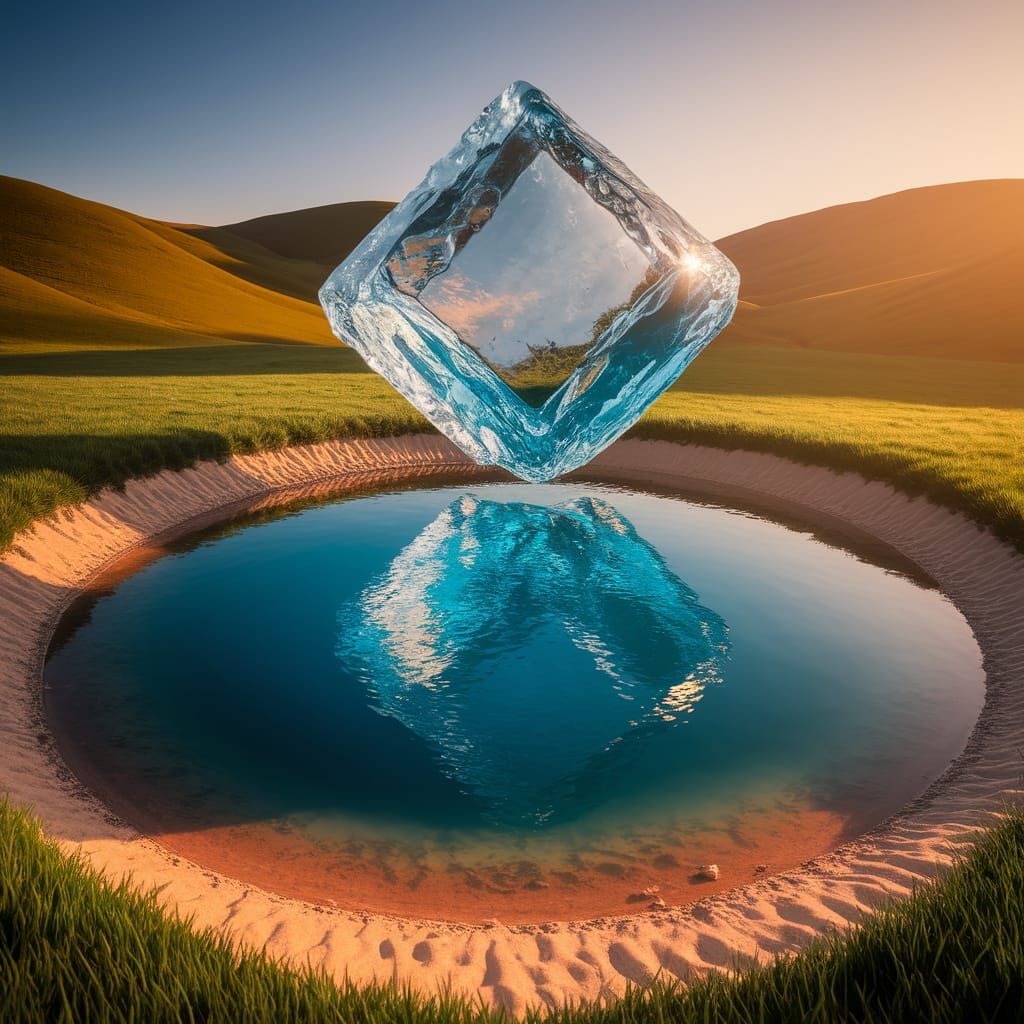 Colossal Ice Cube About to Drop into Pond, Photograph