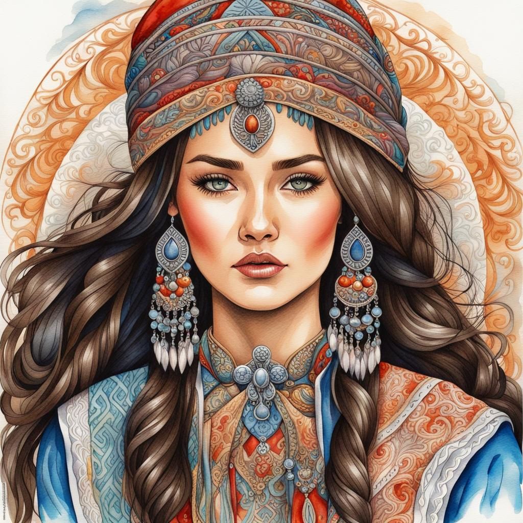 Kazakh Woman in Traditional Dress: Detailed Watercolor