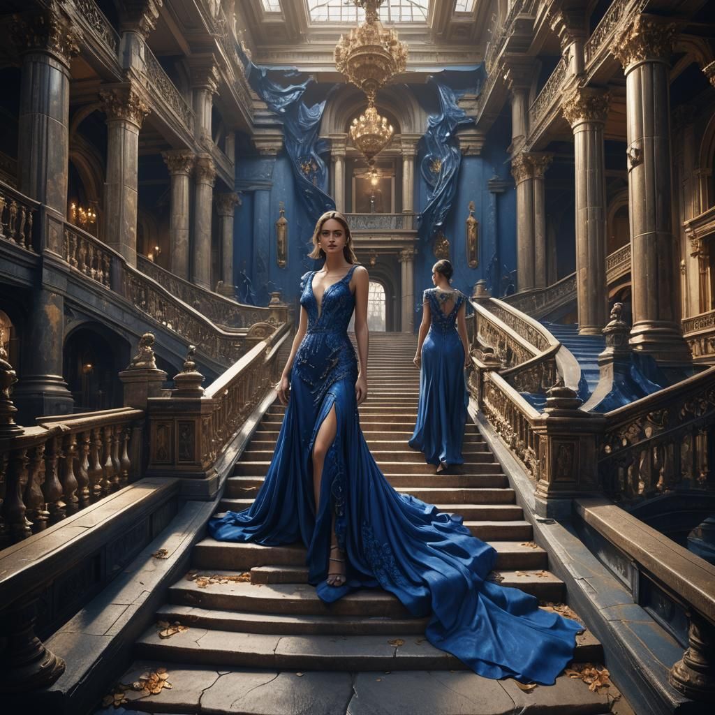 Australian Woman in Royal Blue Gown on Staircase