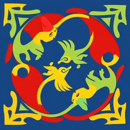 Fantasy Dragons in Flat Color Folk Art Style