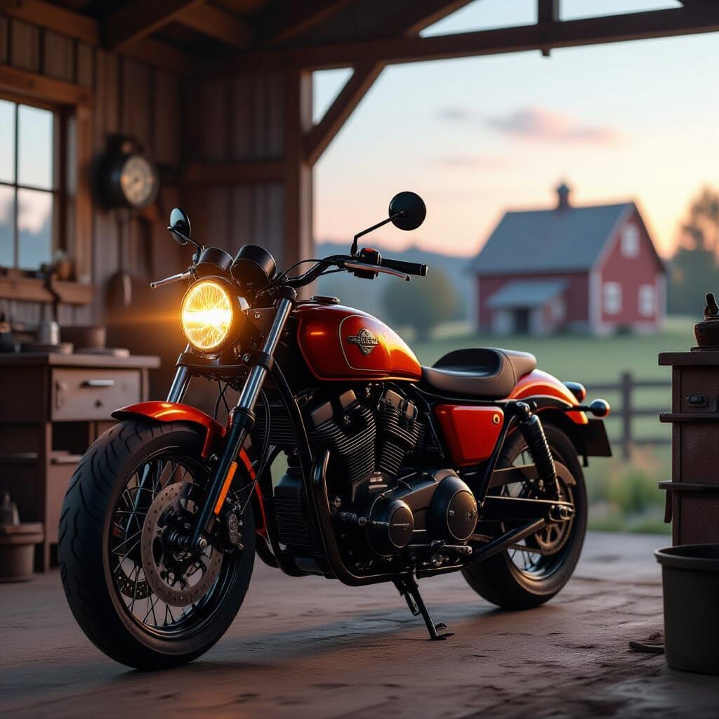 Motorcycle with Amber Headlight in Futuristic Industrial Sty...