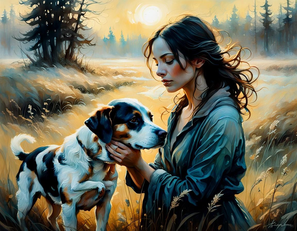 Woman and Puppy in Foggy Meadow, Ink and Watercolor