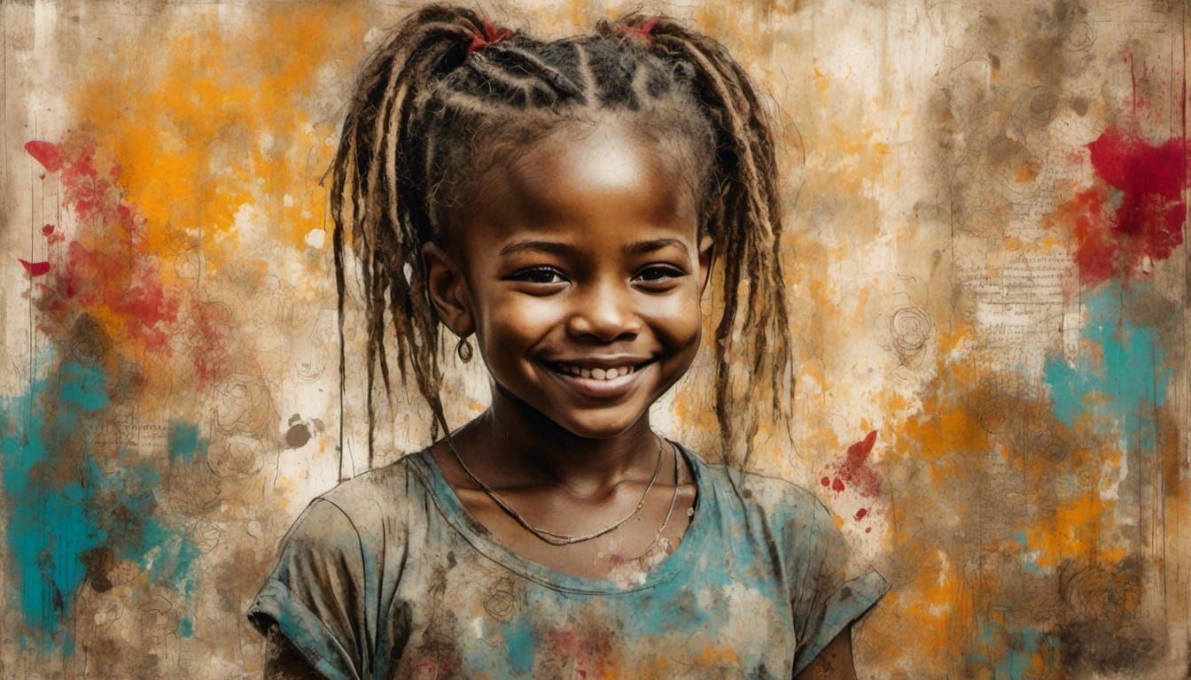 Smiling African Girl in Encaustic Grunge Watercolor