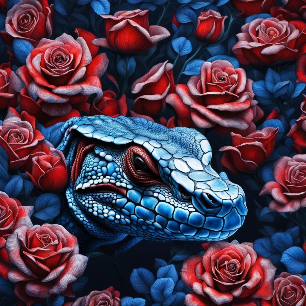 Red Tegu with Blue Roses: Hyperrealistic HDR Image