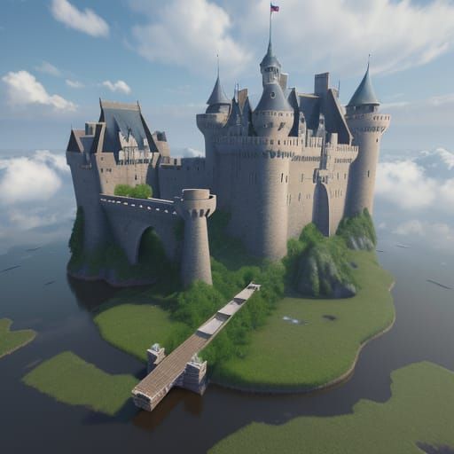 Castle with a draw bridge and a moat situated on an island i...