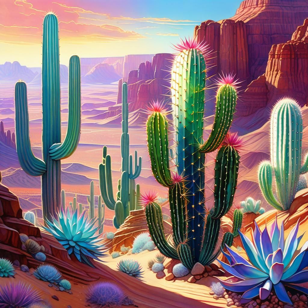 Holographic Crystal Cactus in Desert Canyon, Watercolor Styl...