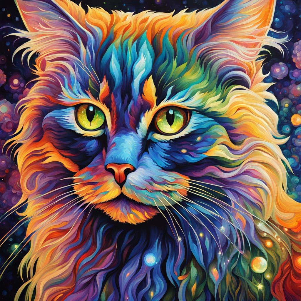 Majestic Iridescent Feline in Whimsical Oil Painting