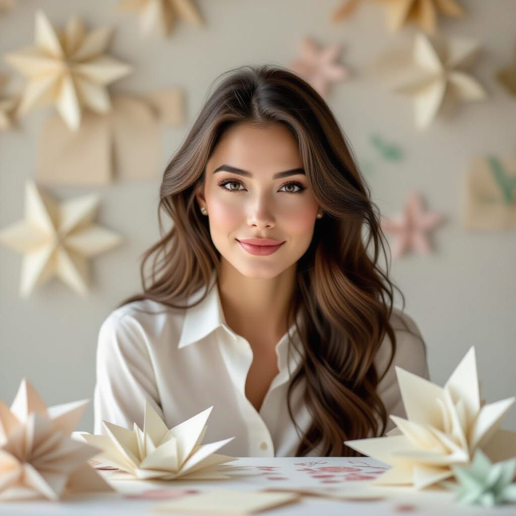 Brown-Haired Woman Surrounded by Origami Paper Art