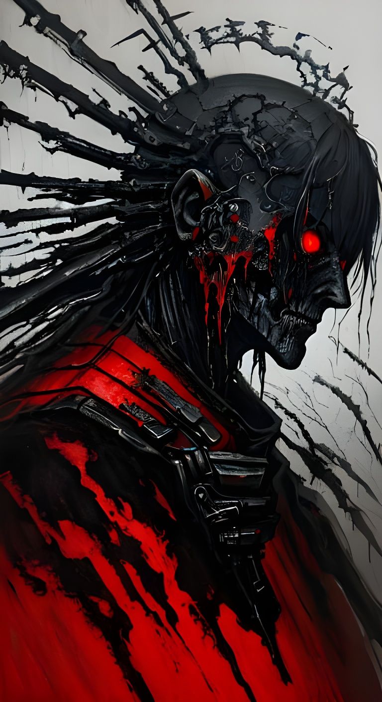 Creepy Dystopian Horror Figure in Bloody Red and Black Oil P...