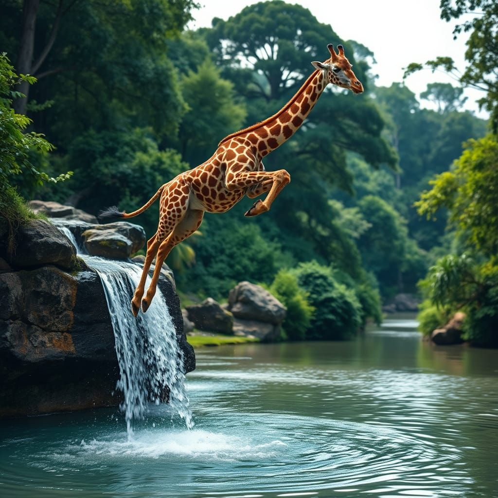 Giraffe's Plunge: Waterfall Leap in Stunning Photo