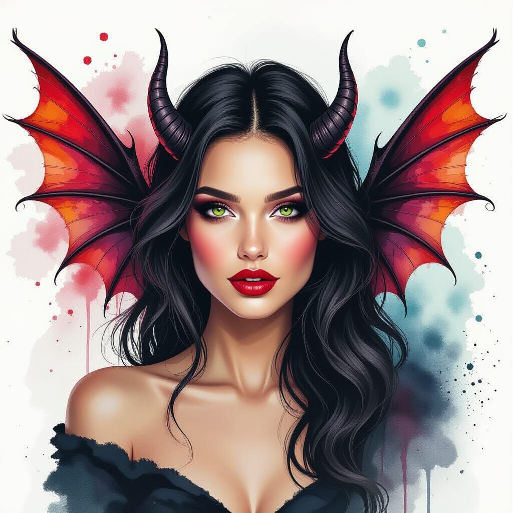 Surreal portrait of a beautiful woman with vampire wings