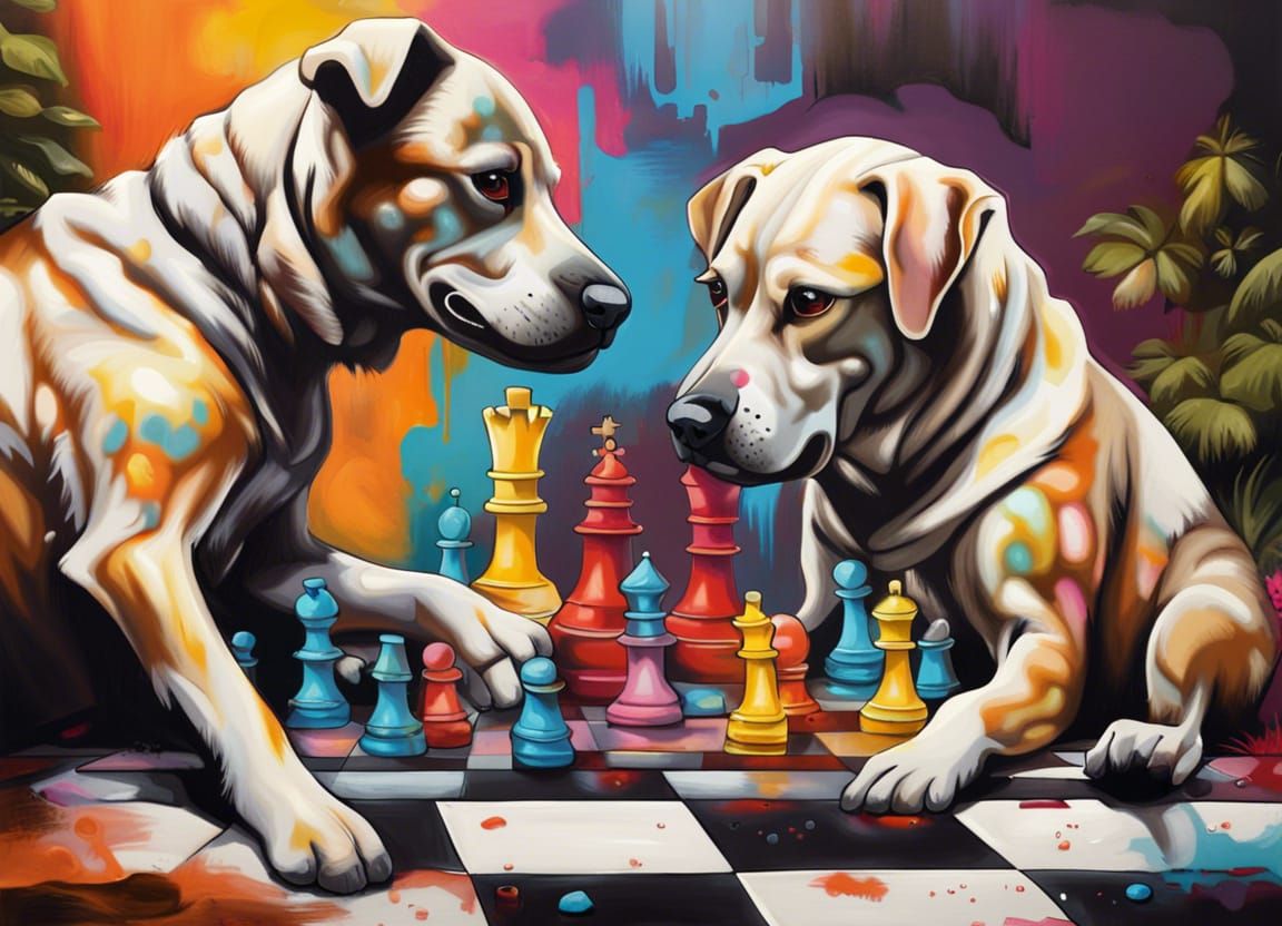 Dogs playing chess on the garden