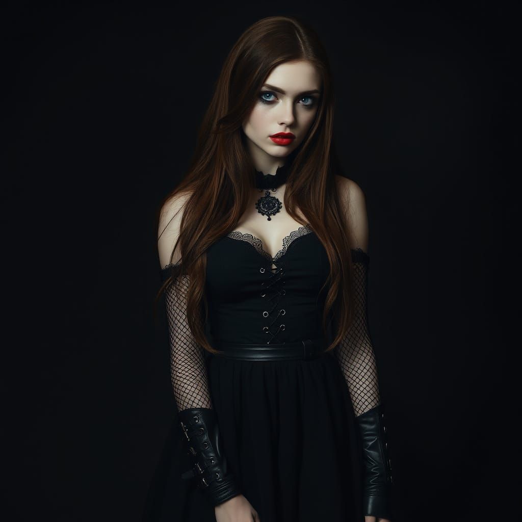 Gothic Brunette with Blue Eyes in Dark Art Style