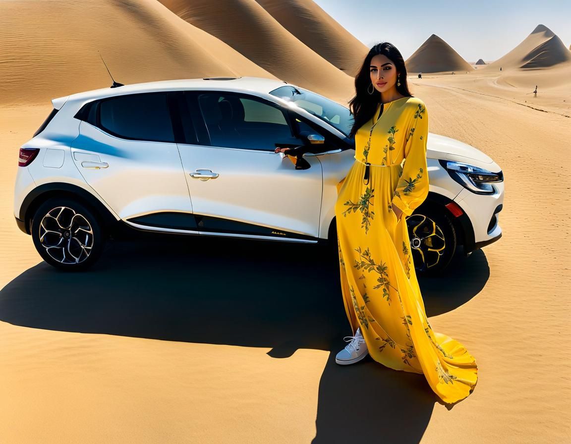 Elegant Young Woman Stands Beside a Snowy White Renault in t...
