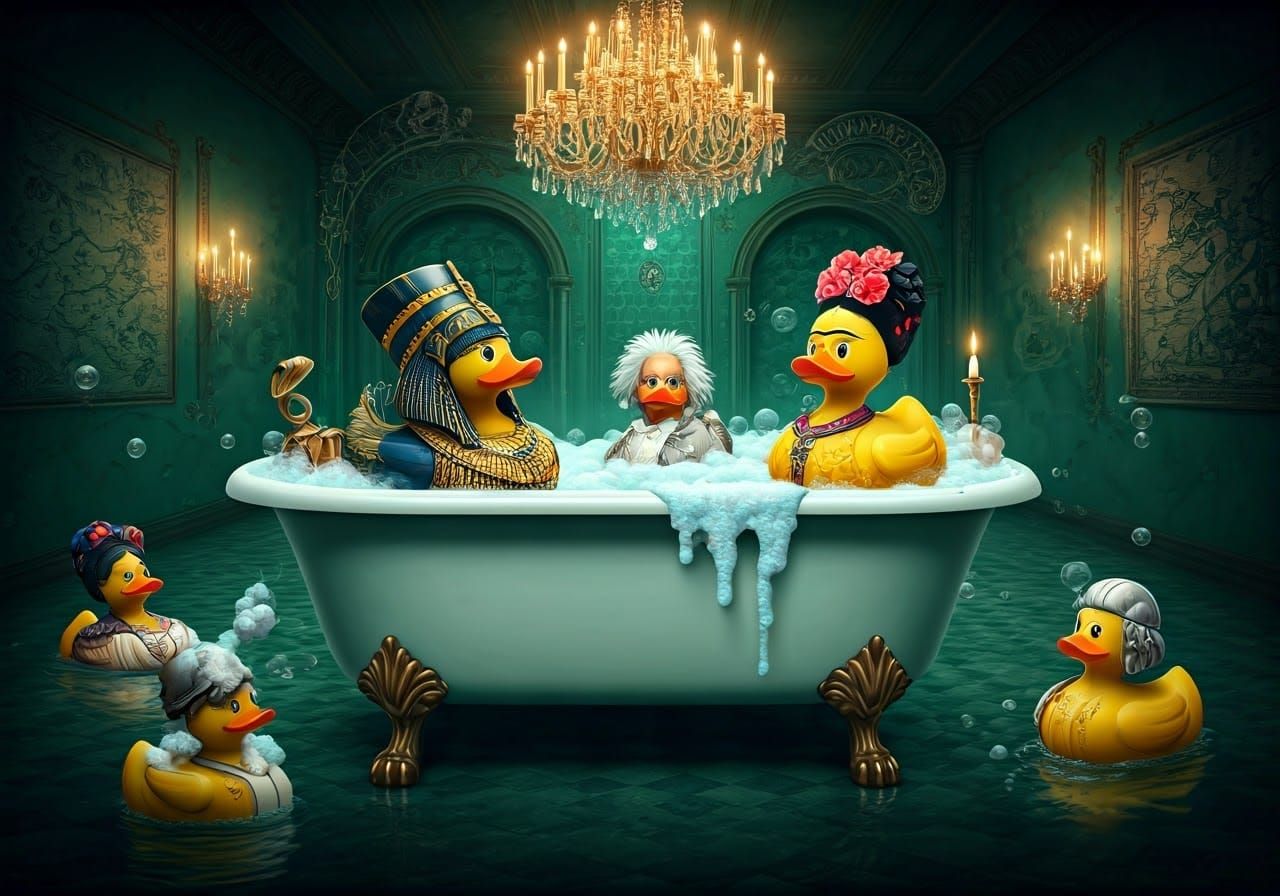 Surreal Ballroom Party in a Whimsical Green Bathtub Universe